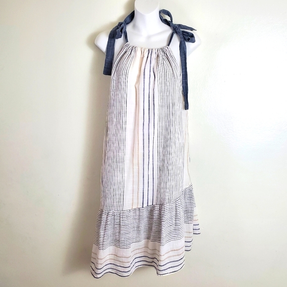 COPY - Anthropologie Maeve Miller Yarn-Dyed Asymmetrical Striped Dress M White - Picture 2 of 10